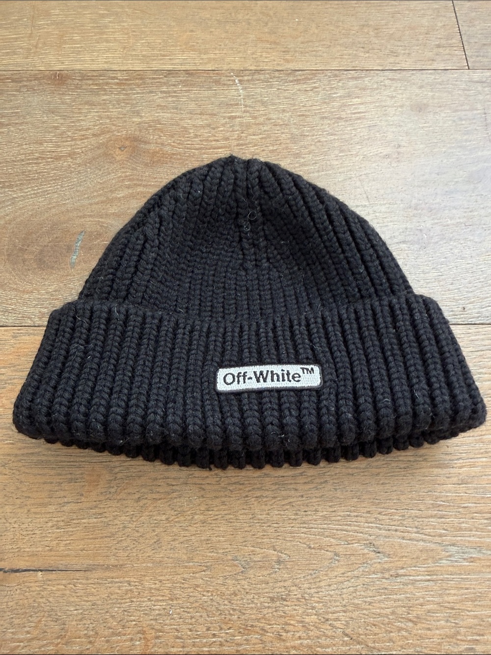 Off-White Black Ribbed Cuff Beanie with Logo Patch